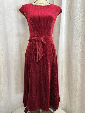 Red Velvet A-line Midi Dress with Short Cap Sleeves by Dresstells Small